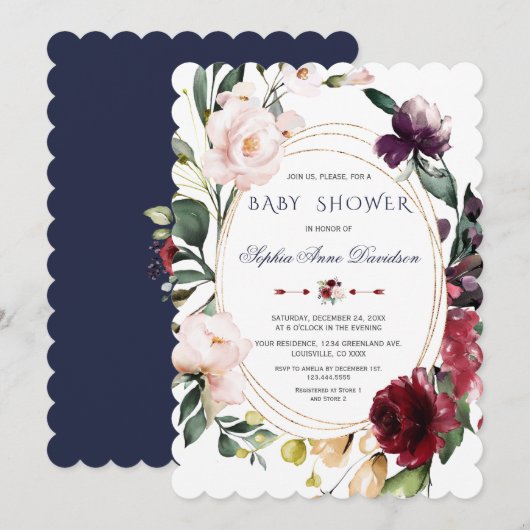 Invitation Mariage Fleurs Rose Bourguignon Royal Bleu Or (Devant / Derrière)