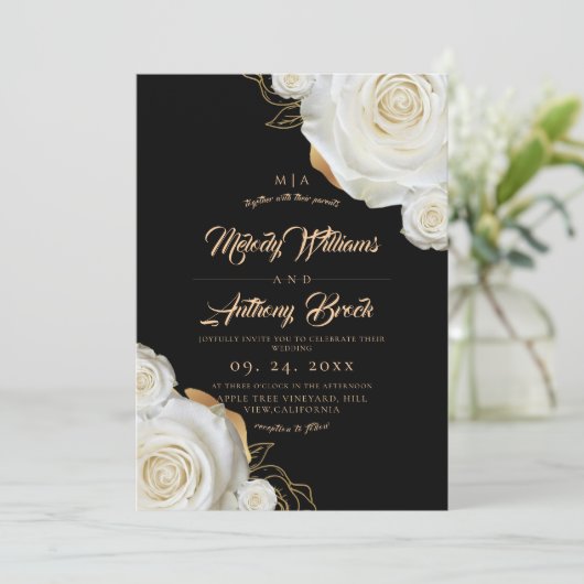 Invitation Mariage Fleurs Roses Blanches Noir (Debout devant)