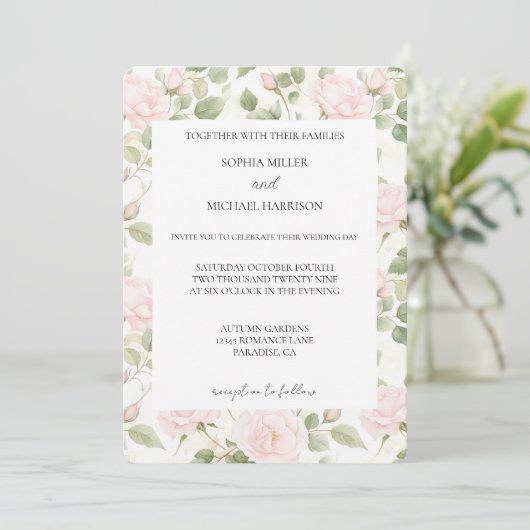 Invitation Mariage Fleurs Roses Blanches Rose Pâle (Debout devant)