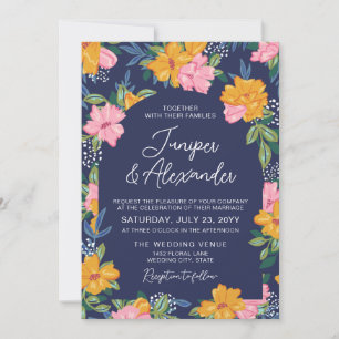 Invitation Mariage Fleurs Roses Jaunes Luxuriantes Bleu Foncé
