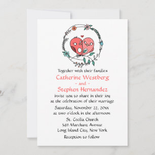 Invitation Mariage Fleurs Roses Oiseaux Amoureux Fleurs Bleue