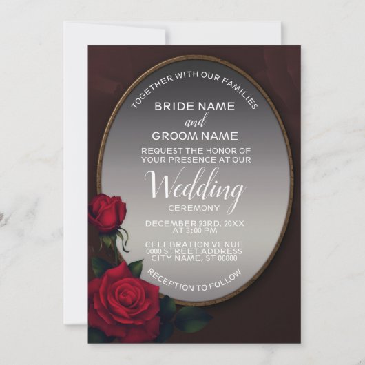 Invitation Mariage Fleurs Rouge Fardé Gris Argent Miroir (Devant)
