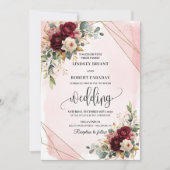 Invitation Mariage Fleurs Rouge Foncé Doré Tendance Bohème Ro (Devant)