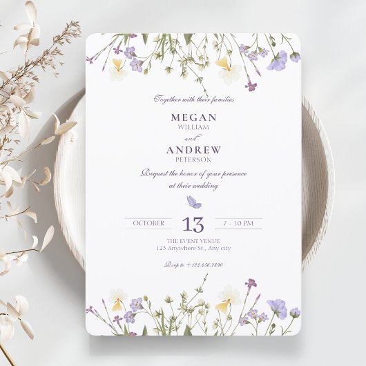 Invitation Mariage Fleurs sauvages rustiques violettes
