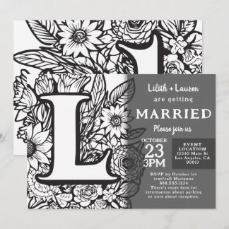 Invitation Mariage Fleurs Tatouage Monogramme L Noir et Blanc