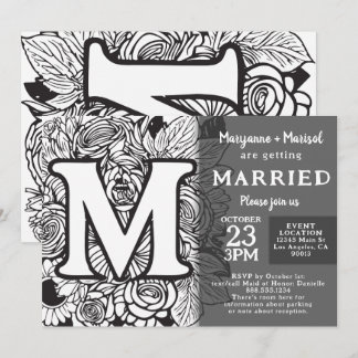 Invitation Mariage Fleurs Tatouage Monogramme M Noir et Blanc