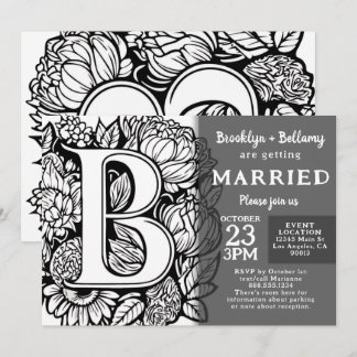Invitation Mariage Fleurs Tatouage Monogramme Noir et Blanc