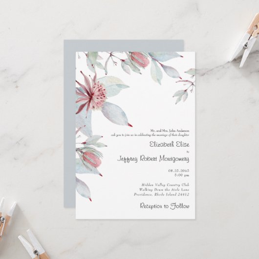 Invitation Mariage Fleurs Tropicales Australiennes Poussiéreu (Devant/Arrière en situation)