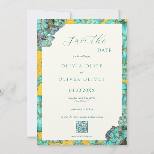 Invitation Mariage Fleurs turquoises Enregistrer la date Code (Devant)