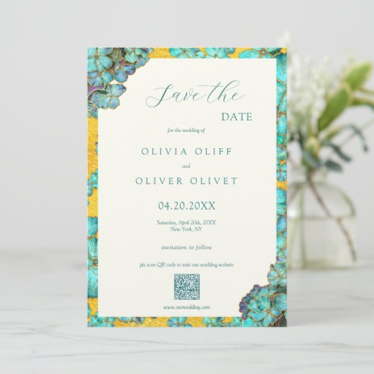 Invitation Mariage Fleurs turquoises Enregistrer la date Code (Debout devant)