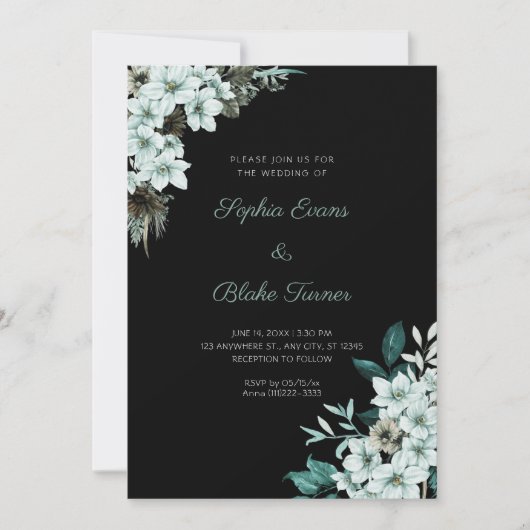 Invitation Mariage Fleurs Vertes Rustiques Bohème Noir (Devant)