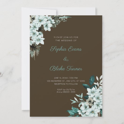 Invitation Mariage Fleurs Vertes Rustiques Bois Brun (Devant)