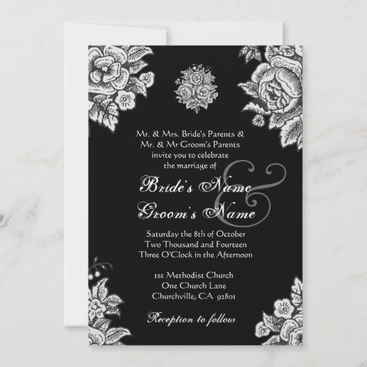 Invitation Mariage Fleurs Vintages en argent et noir (Devant)