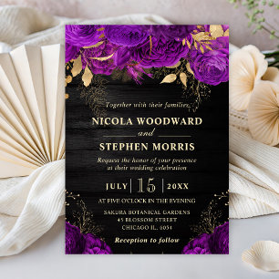 Invitation Mariage Fleurs Violettes et Dorées Aquarelle Rusti