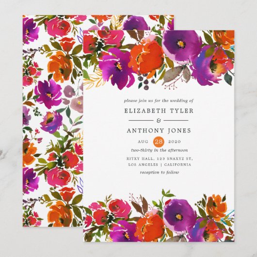 Invitation Mariage Fleurs Violettes et Orange (Devant / Derrière)