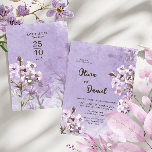 Invitation Mariage Fleurs Violettes Rustique Moderne