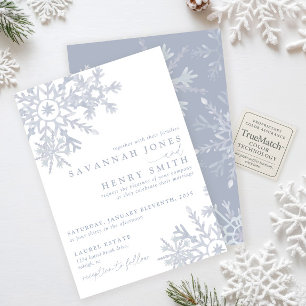 Invitation Mariage Flocon de Neige Hivernal Bleu Poussiéreux