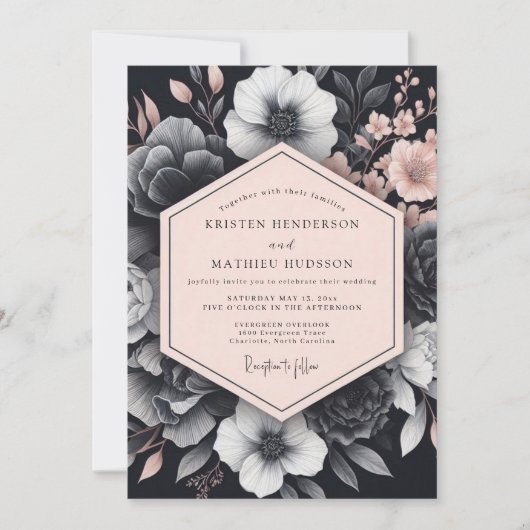 Invitation Mariage Flora Blush Noir Chiaroscuro (Devant)