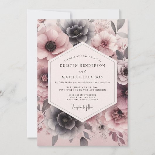 Invitation Mariage Floraison Ardoise Rosée (Devant)