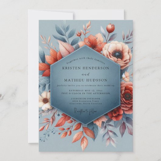 Invitation Mariage Floraison Automnale Bleu Ardoise (Devant)