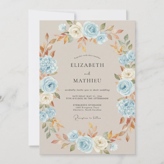 Invitation Mariage Floraison Automnale Bleu Ciel (Devant)