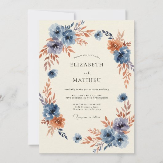 Invitation Mariage Floraison Automnale Bleue (Devant)