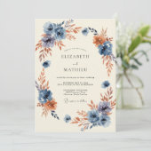 Invitation Mariage Floraison Automnale Bleue (Debout devant)