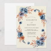Invitation Mariage Floraison Automnale Bleue (Devant / Derrière)