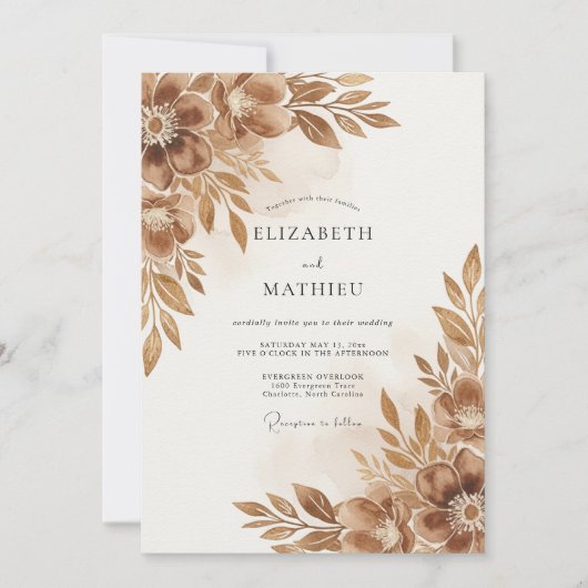 Invitation Mariage Floraison Automnale Marron (Devant)