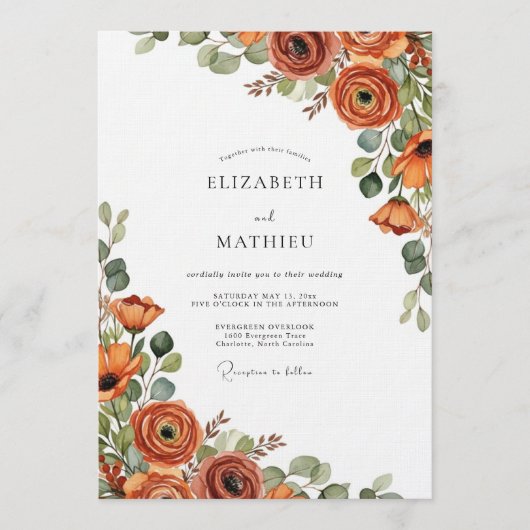 Invitation Mariage Floraison Automnale Orange Brûlé (Devant)