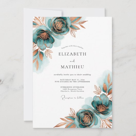 Invitation Mariage Floraison Automnale Sarcelle (Devant)