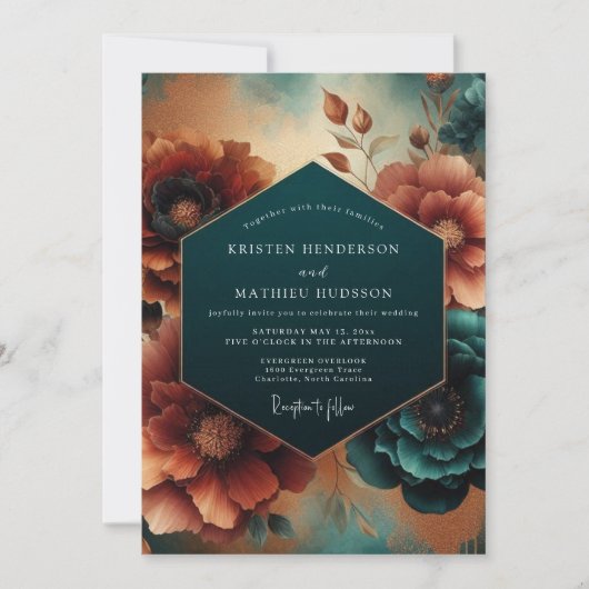 Invitation Mariage Floraison Automnale Sarcelle (Devant)