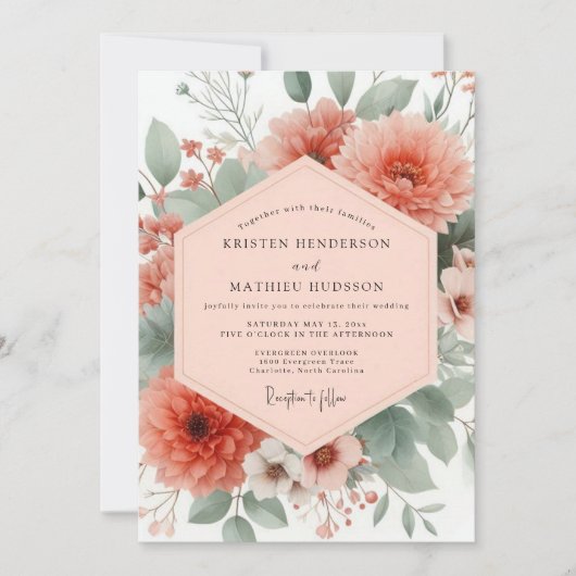 Invitation Mariage Floraison Botanique Corail (Devant)