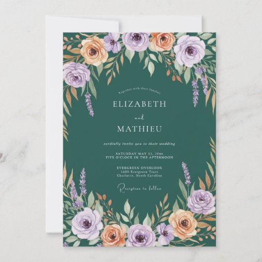 Invitation Mariage Floraison Botanique Corail Lavande (Devant)