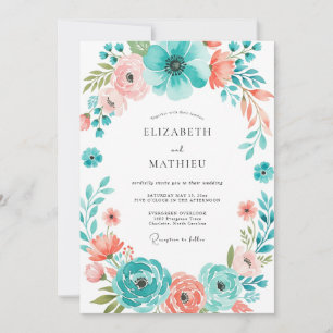 Invitation Mariage Floraison Botanique Corail Sarcelle
