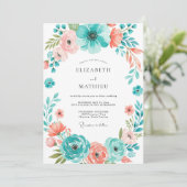 Invitation Mariage Floraison Botanique Corail Sarcelle (Debout devant)