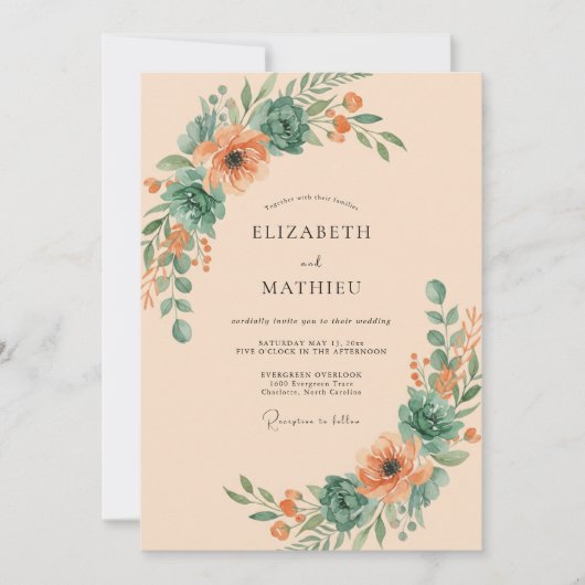 Invitation Mariage Floraison Botanique Corail Turquoise (Devant)