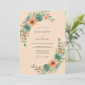 Invitation Mariage Floraison Botanique Corail Turquoise (Debout devant)
