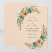 Invitation Mariage Floraison Botanique Corail Turquoise (Devant / Derrière)