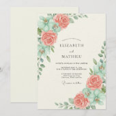 Invitation Mariage Floraison Botanique Menthe Corail (Devant / Derrière)