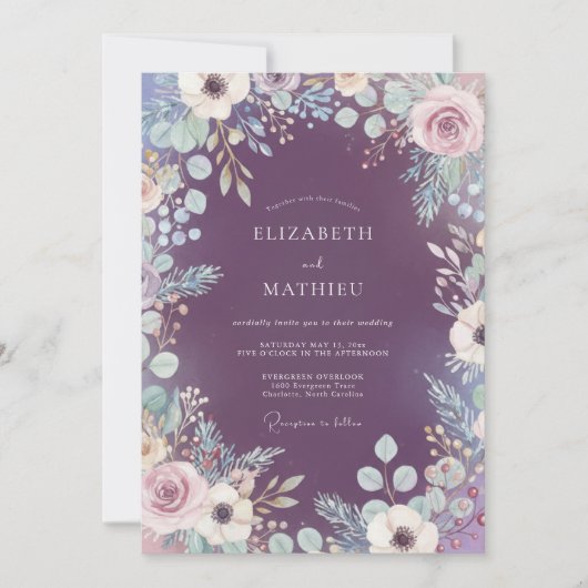 Invitation Mariage Floraison Botanique Mystique Prune (Devant)