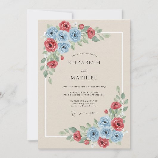 Invitation Mariage Floraison Botanique Rouge Bleu (Devant)