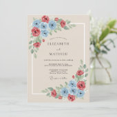 Invitation Mariage Floraison Botanique Rouge Bleu (Debout devant)