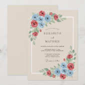 Invitation Mariage Floraison Botanique Rouge Bleu (Devant / Derrière)