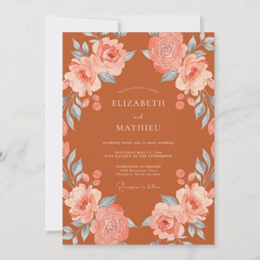 Invitation Mariage Floraison Botanique Rouge Terracotta (Devant)