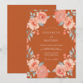 Invitation Mariage Floraison Botanique Rouge Terracotta (Devant / Derrière)