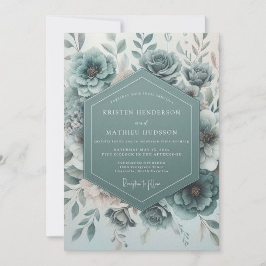 Invitation Mariage Floraison Botanique Sarcelle (Devant)