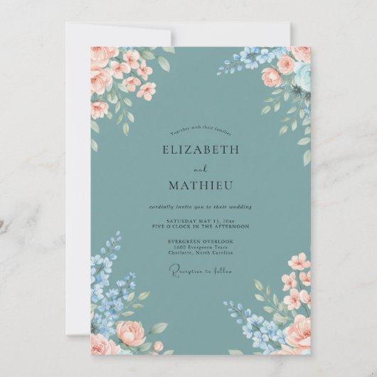 Invitation Mariage Floraison d'Abricot Sarcelle (Devant)