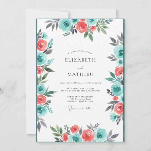 Invitation Mariage Floraison de Corail Sarcelle (Devant)