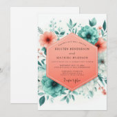 Invitation Mariage Floraison estivale Corail et sarcelle (Devant / Derrière)